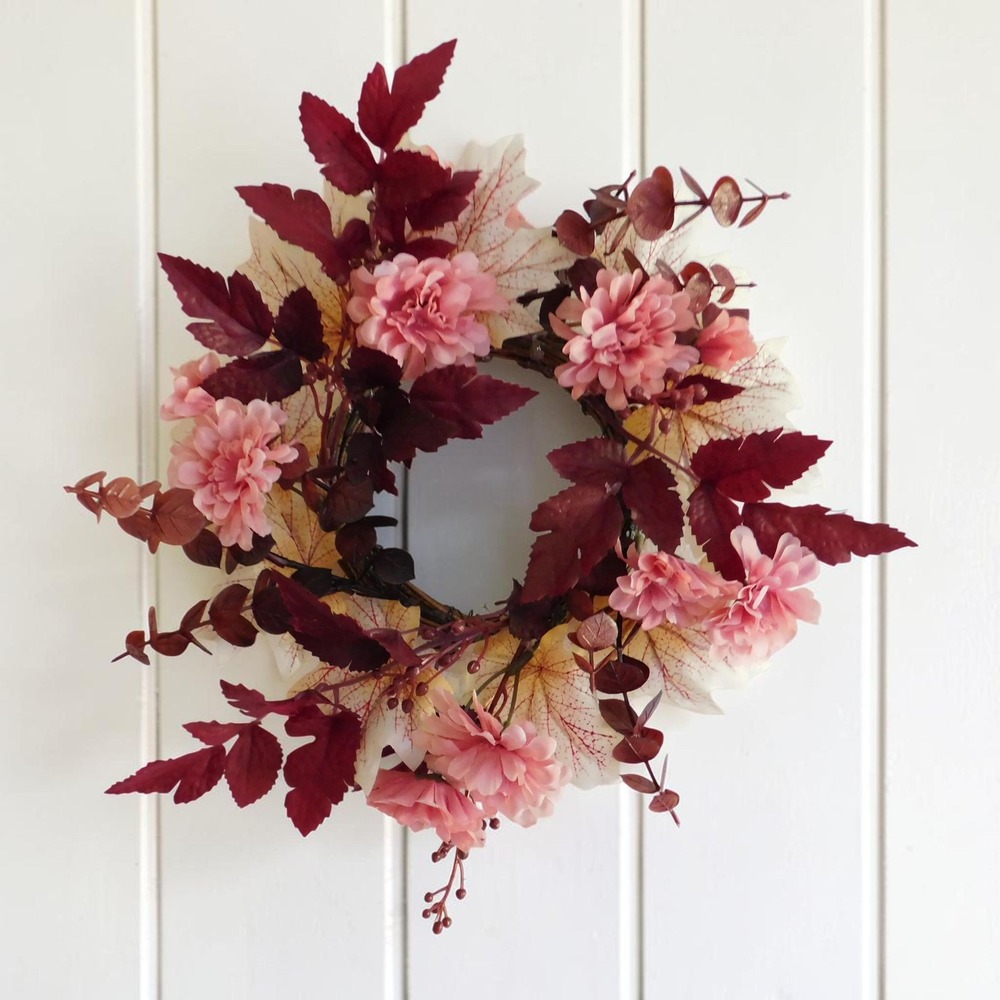 Mini Fall Candle Ring, Grapevine Wreath, Burgundy Leaves, Cabinet Decor Mirror